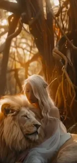 A serene lady beside a mystical lion in a tranquil forest.