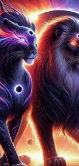 Mystical cosmic lion and panther in vibrant colors.