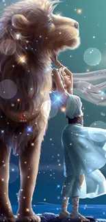 Majestic lion under a starry night sky with mystical elements featured.