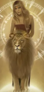 Mystical art of a woman with a lion in golden hues.