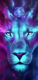 Mystical neon lion with cosmic background features vibrant colors.