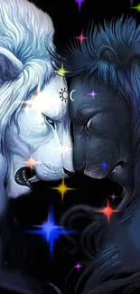 Mystical lion duo wallpaper with cosmic stars.