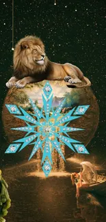 Majestic lion atop a mystical globe with cosmic elements in fantasy art.