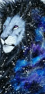 Mystical lion art with galaxy themes in blue and purple hues.