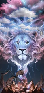 Fantasy wallpaper of a lion with clouds and dragons in a cosmic theme.