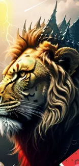 Artistic wallpaper of a lion with dragon scales and mystical elements.