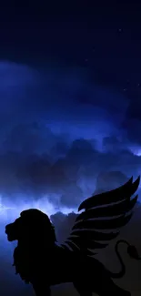 Winged lion silhouette against lightning-lit night sky wallpaper.