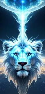 Blue mystical lion with cosmic elements in digital art wallpaper.