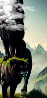 Black lions stand majestically atop green mountains with a fantasy landscape.