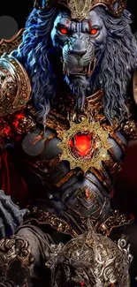 Lion warrior with red glowing heart in intricate armor.