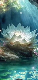 Mystical lotus in illuminated cave with turquoise water.