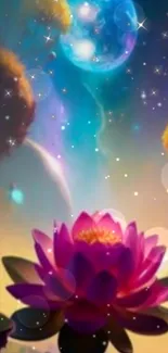 Mystical scene with vibrant lotus and cosmic sky wallpaper.