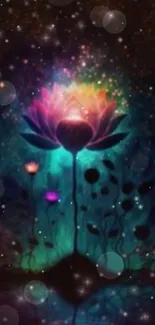 Mystical lotus flower with vibrant cosmic colors and light effects.