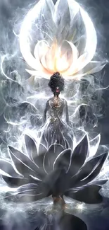 Mystical figure standing within a blossoming lotus bloom on a dark, ethereal backdrop.