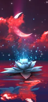 Radiant lotus under crescent moon with starry sky and glowing clouds wallpaper.