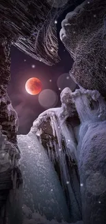 Lunar eclipse illuminating icy caverns at night.