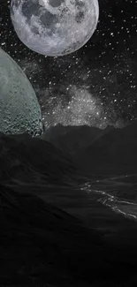 Fantasy lunar landscape with moon and stars on dark wallpaper.