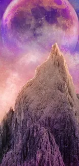 Mystical mountain scene with a purple moon.