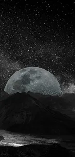 Moonlit mountain landscape under a starry night sky, featuring cosmic elements.
