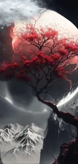 Red tree silhouetted against a glowing moon in a mystical landscape.