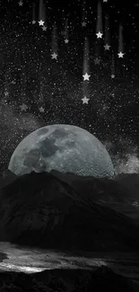 Moonlit mountain scene with stars in a cosmic night wallpaper.