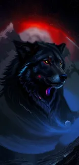 Mystical lunar wolf with cosmic background on phone wallpaper.