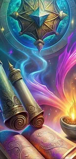 Mystical magical art with scrolls and orb.