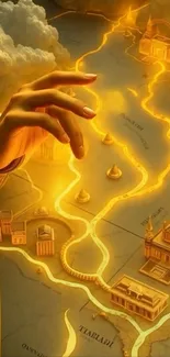 Mystical map with a glowing golden path and detailed hand.