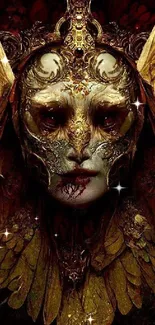 Mystical mask art with golden feathers and intricate design in dark tones.