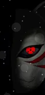 Dark mystical mask with red eyes on phone wallpaper.