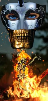 Mystical mask with fiery skeleton dancing in flames.