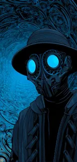 Mystical masked figure with glowing blue eyes in intricate design.