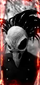 Masked figure with dark feathers and orange flames in black and white.