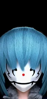 Blue-haired figure with mask on black background.