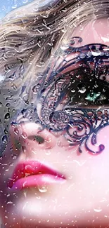 Mystical masked portrait with rain on vibrant wallpaper.