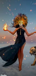 Mystical masked woman with fire and tiger walking in desert.