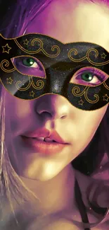 Mystical woman with a decorative mask and green eyes in purple hues.