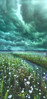 Mystical meadow under a teal sky, dotted with white wildflowers.