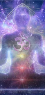 Meditative figure with Om symbol in cosmic purple glow.