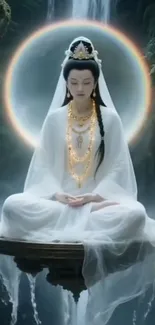Mystical figure meditating in serene nature with a halo backdrop.