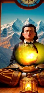 Meditator with glowing energy and mountain background.