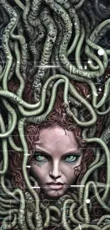 Medusa-inspired art with snakes and mystical elements for mobile wallpaper.