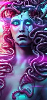 Mystical Medusa with snake hair in vibrant neon colors.