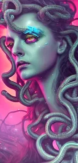 Surreal Medusa-themed mobile wallpaper with vibrant purple hues and intricate design.