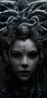 Eerie Medusa wallpaper with snake hair and dark background.