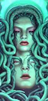 Intricate Medusa design with teal background and serpentine details for phone wallpaper.