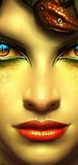 Close-up of a Medusa-inspired digital artwork with vibrant eyes and serpent details.