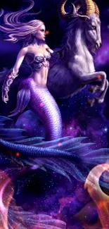 Mystical mermaid with Capricorn in a purple cosmic background.