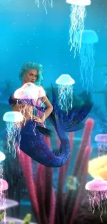 Mermaid surrounded by glowing jellyfish in a vibrant underwater scene.