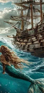 Mystical mermaid swimming near a majestic ship in the ocean.